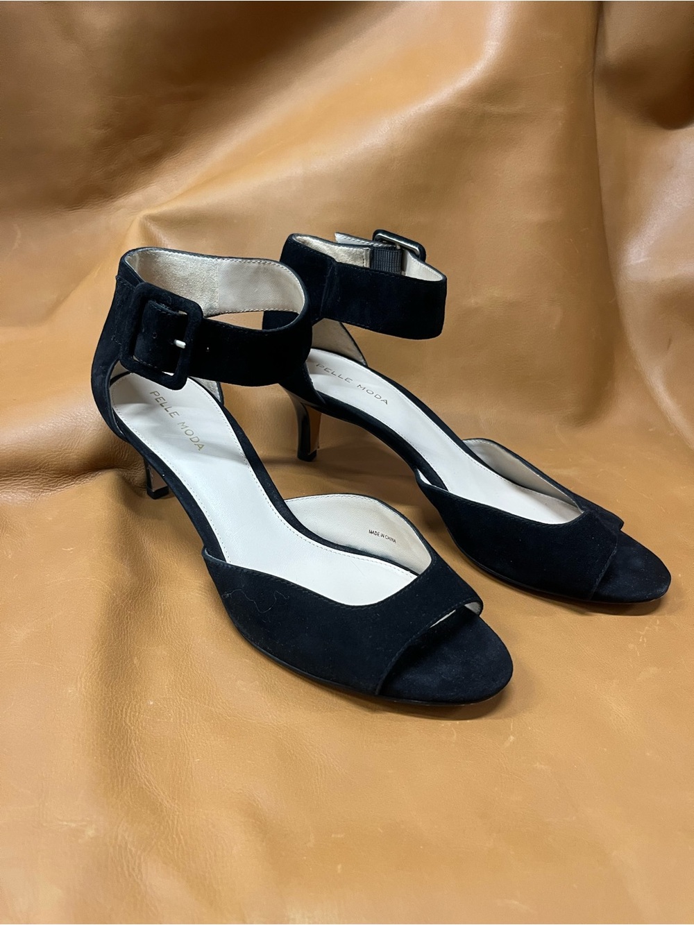 Pelle Moda Black Suede Ankle-Strap Peep-Toe Sandals 9.5